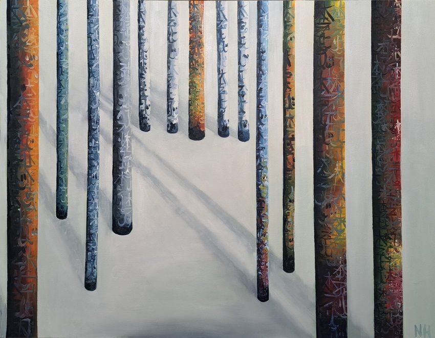 Nickie Hayden, Healing Totems, a painting part of Contrasts, a winter group show at Olivier Cornet Gallery Dublin.