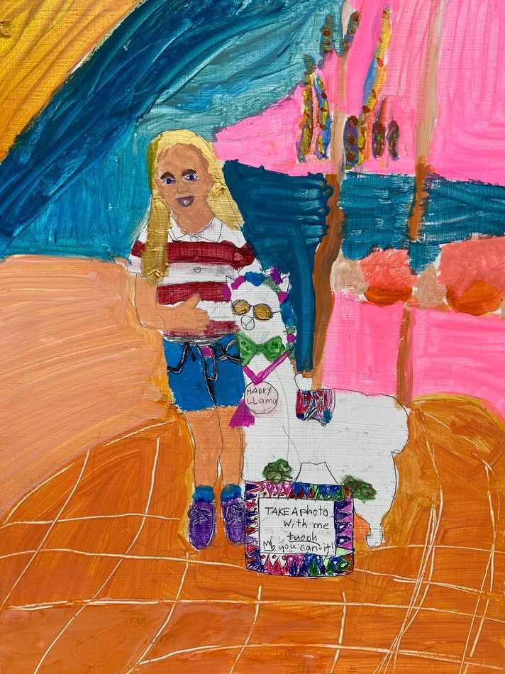 Saoirse and the llama, a painting by Saoirse Ní Cradóg, part of the 2026 Bloomsday / Summer group show at the Olivier Cornet Gallery, Dublin