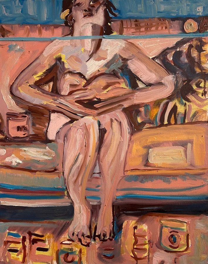 Buttery Figure Sitting on the Couch, a painting by Vicky Smith, part of the Olivier Cornet Gallery's 2025 Bloomsday / Summer group exhibition Out of Lines