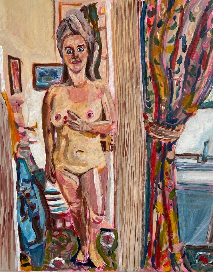 A Night Away in a Bedroom Suite, a painting by Vicky Smith, part of the Olivier Cornet Gallery's 2025 Bloomsday / Summer group exhibition Out of Lines