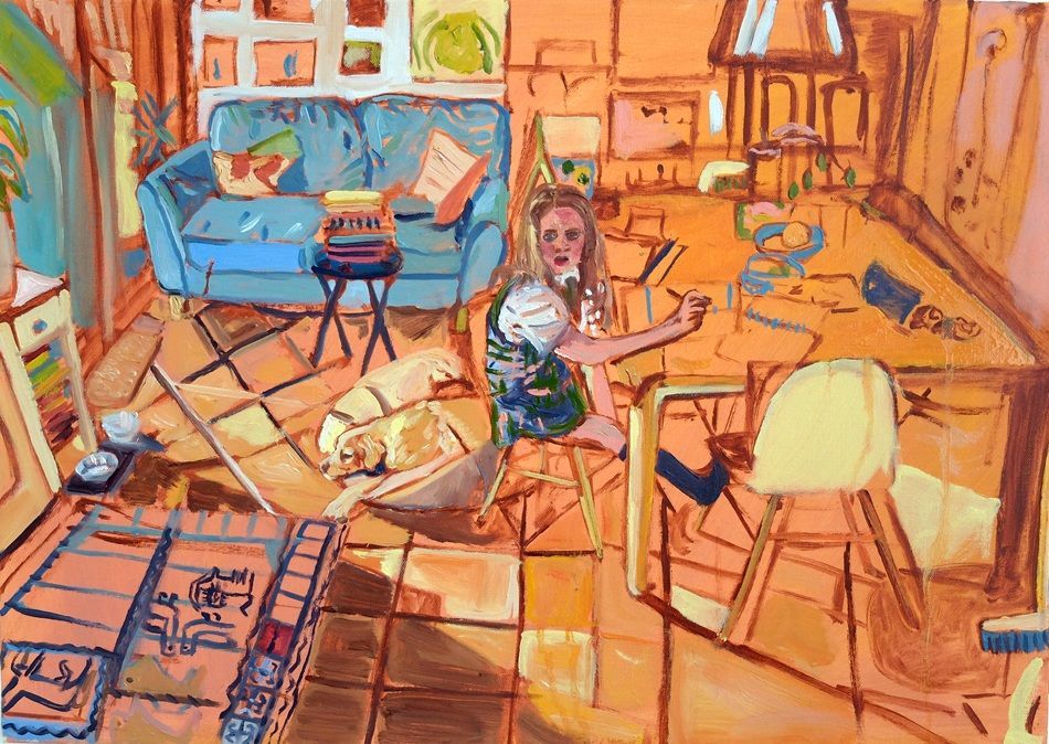 Obair bhaile, Homework, a painting by Vicky Smith, in response to Gillian Wearing's video work Sasha and Mum, part of Olivier Cornet Gallery's group show 'Ode to Giants', launching during Dublin Gallery Weekend 2025.