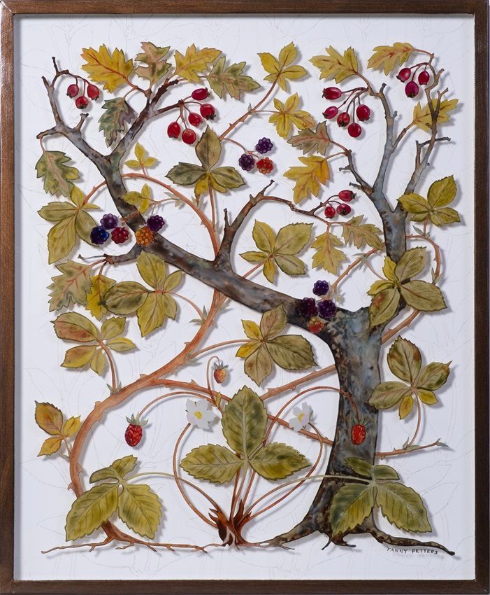 Yanny Petters, Hedgerow, a beautiful Verre Eglomisé (reverse painting on glass), part of the artist's solo show Fieldwork with Mainie and Albrecht