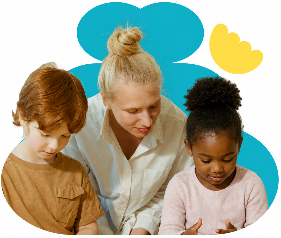 Three children seated together, looking down, with blue and yellow abstract shapes behind them.