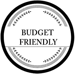 Black-and-white circular badge reading “BUDGET FRIENDLY” with decorative laurel accents.
