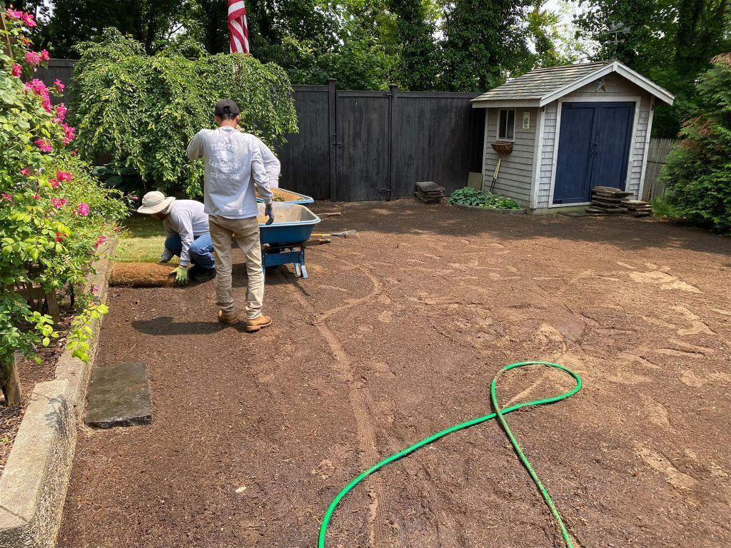 Two people spread gravel in a backyard near a shed, with a wheelbarrow and green hose visible.