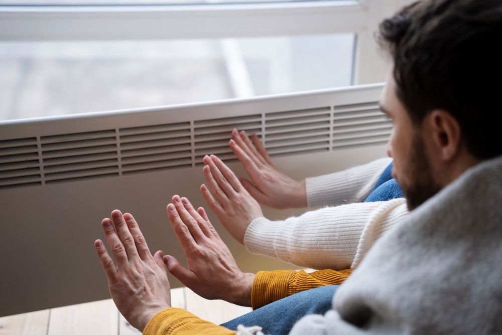 a man and woman are warming their hands in front of a radiator