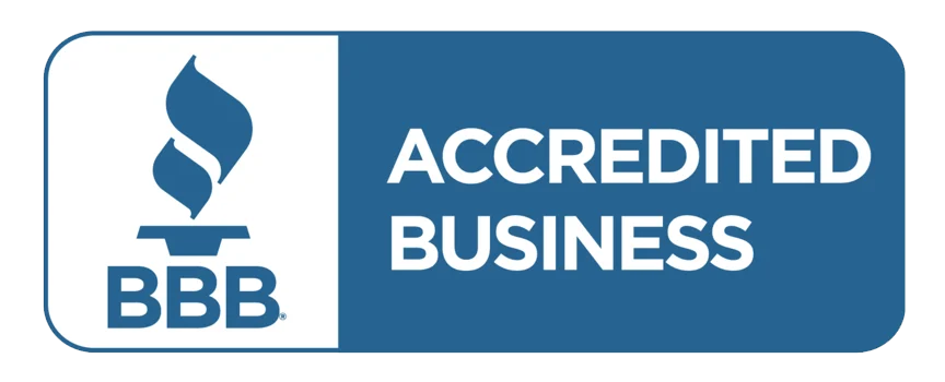 BBB Accredited Business logo, white flame icon, blue and white text.