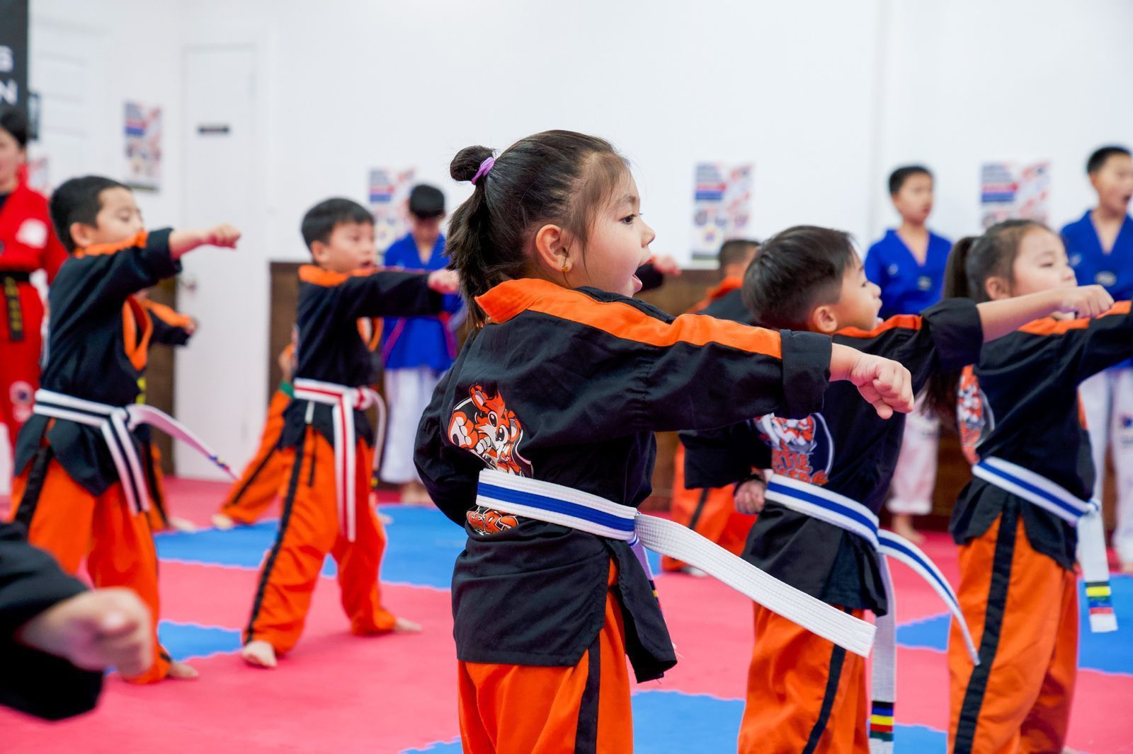 A group of young children are practicing martial arts in a gym.