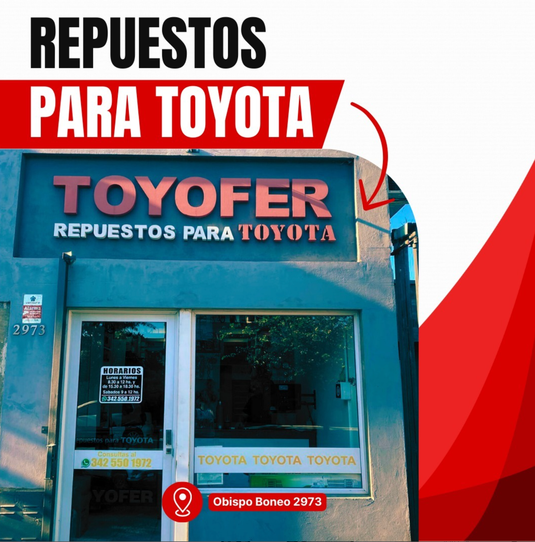 Exterior de una tienda llamada Toyofer que vende repuestos Toyota, señalización roja y blanca.