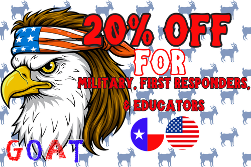 Promotional graphic offering 20% off for military, first responders, and educators, featuring an eagle and flags.