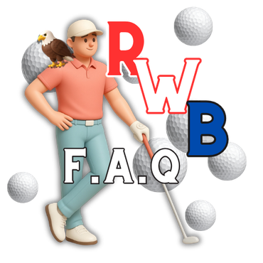 Golfer illustration with FAQ text and floating red, blue, and white golf balls