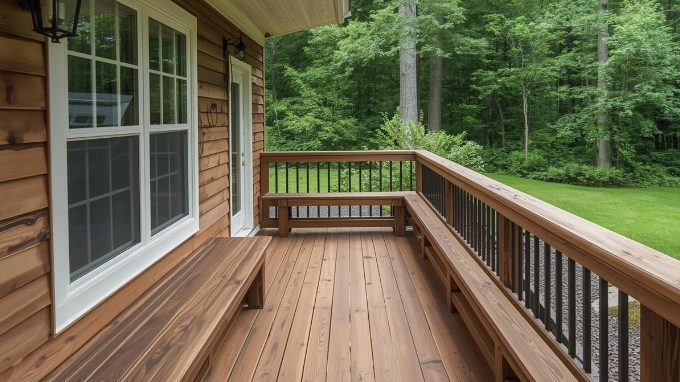 A wooden deck with built-in benches, railings, and a view of a lush green forest.