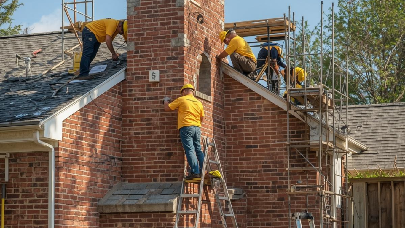 Construction workers in yellow shirts repair a brick chimney on a house roof using ladders and scaffolding.