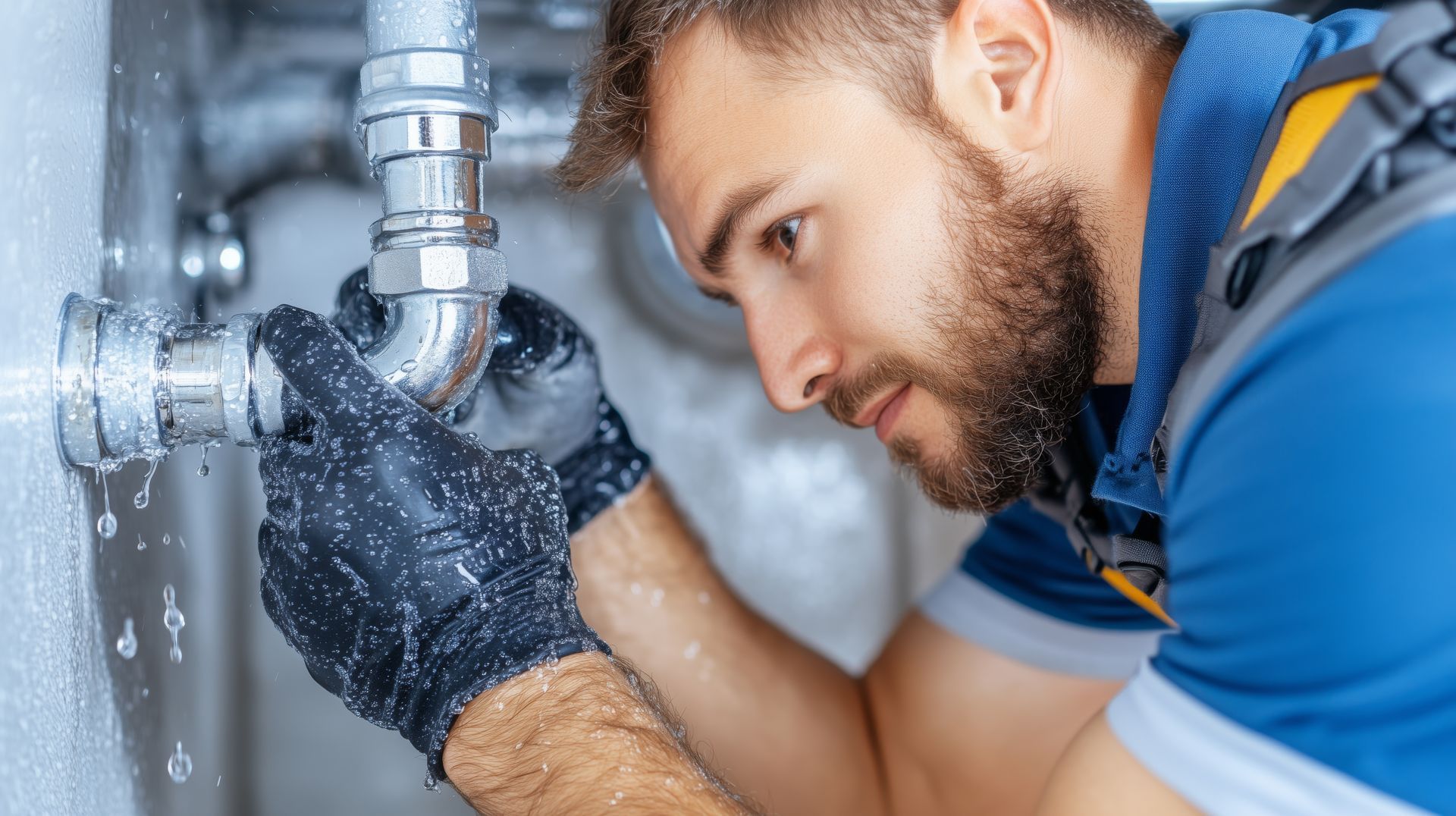 A professional emergency plumber in gloves repairs a leaking pipe to prevent water damage.