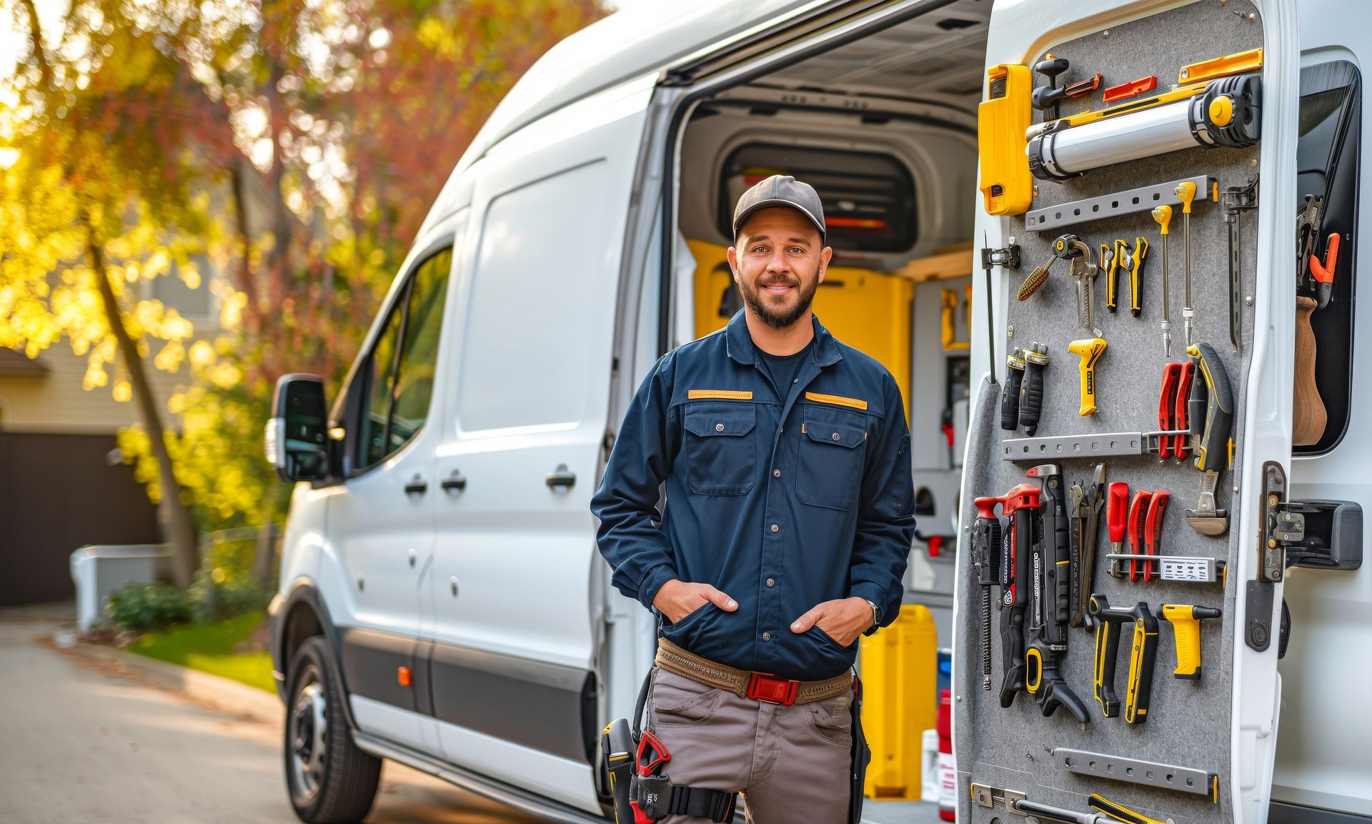 Technician standing beside a work van with tools organized on the open door panel.