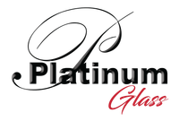 Platinum Glass logo in black and red script with a stylized silver “P”