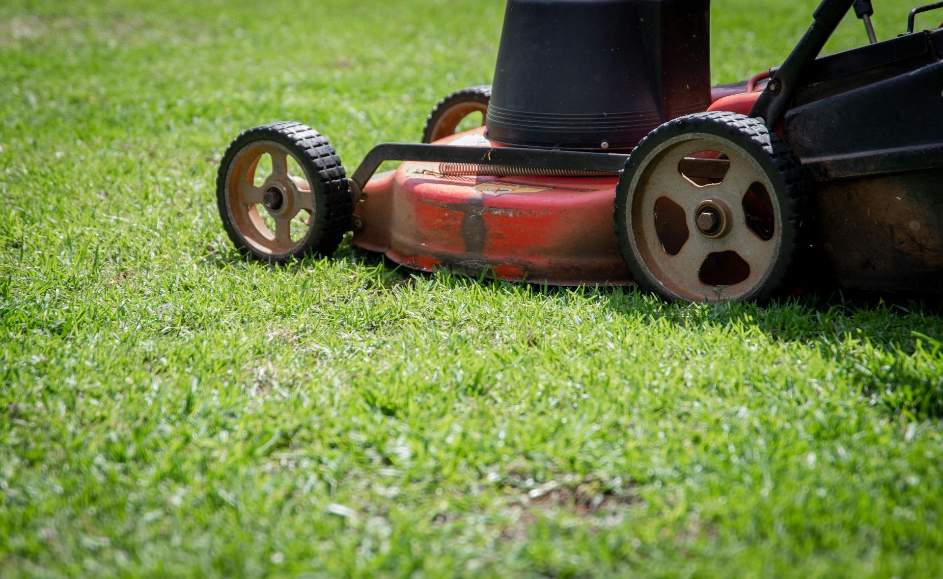 Lawnmower on green grass, partially cut, with reddish deck, and tan wheels, under a bright, sunny sky.