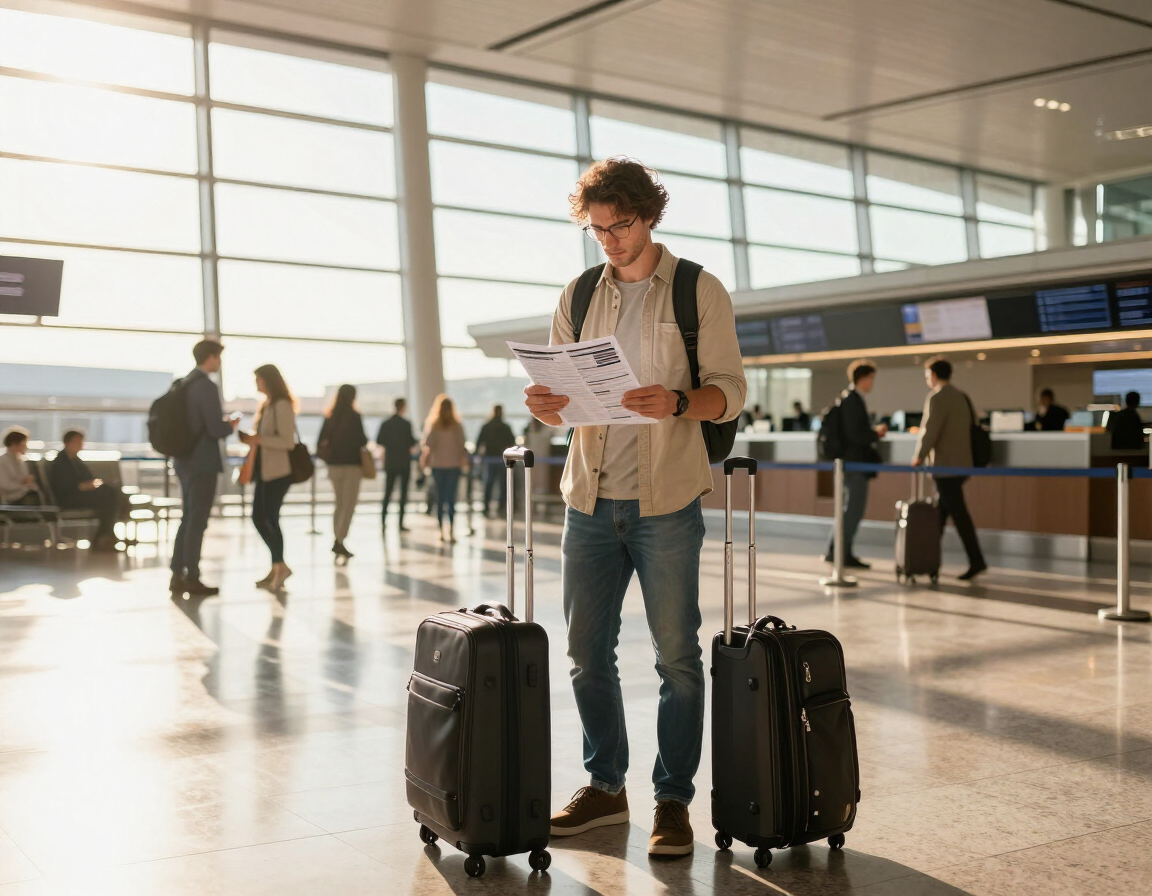 Viajante consultando roteiro em aeroporto ensolarado