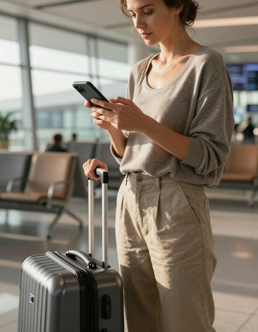 Viajante consultando o celular no aeroporto