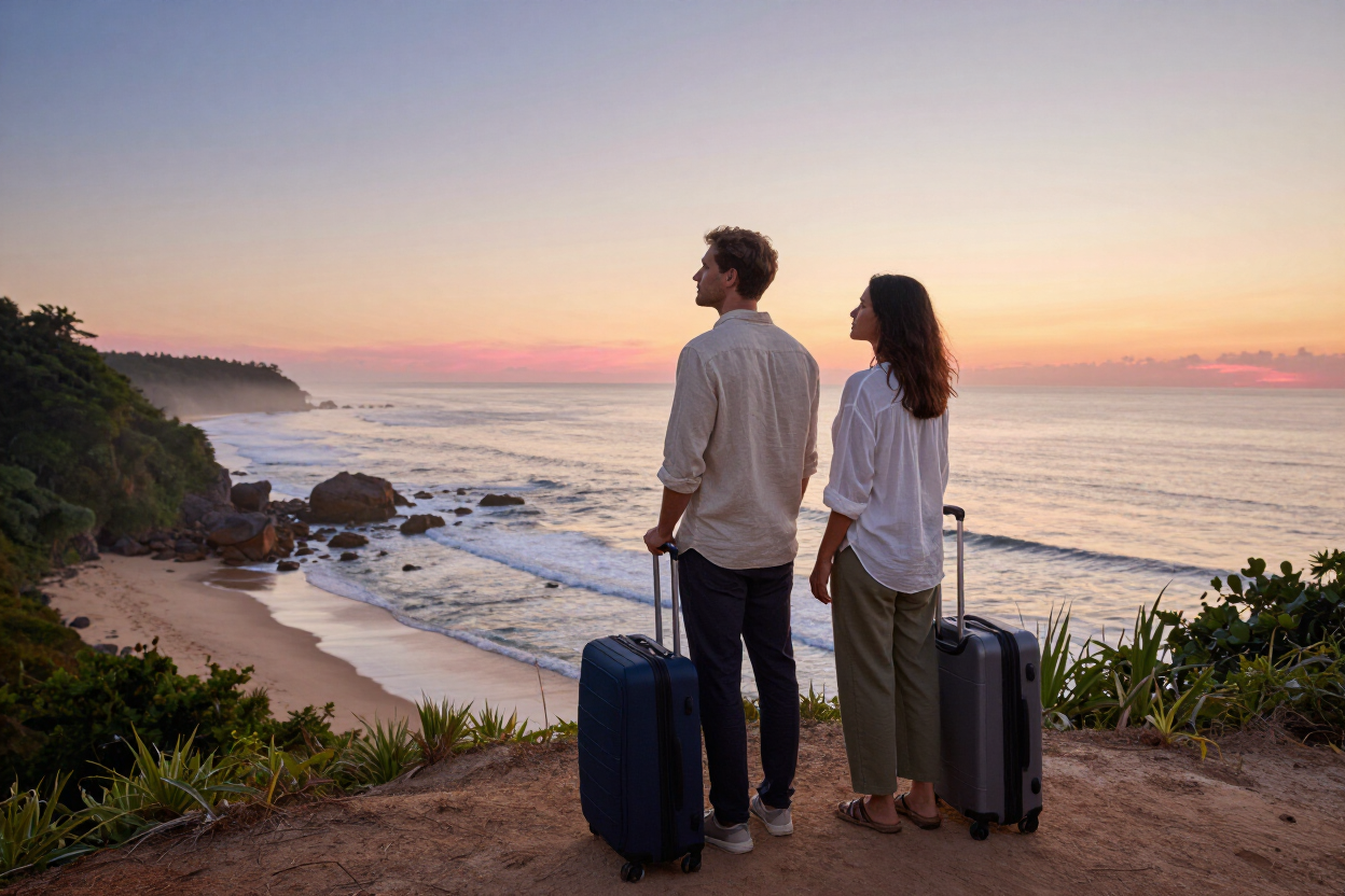 Casal observando paisagem costeira ao amanhecer