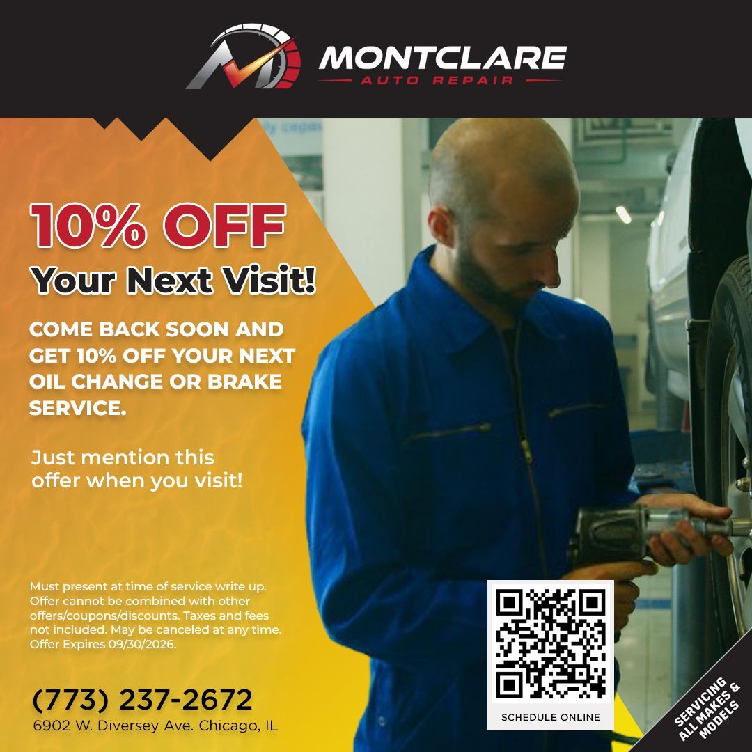 Montclare Auto Repair coupon ad: 10% off next visit, mechanic working, QR code, phone number, orange and blue design