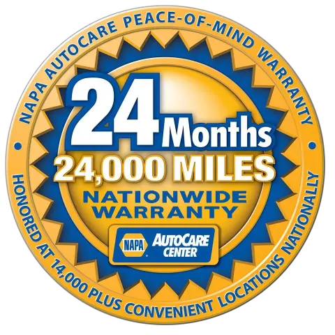 NAPA AutoCare warranty seal: 24 months/24,000 miles nationwide. Blue and gold colors, with logo.