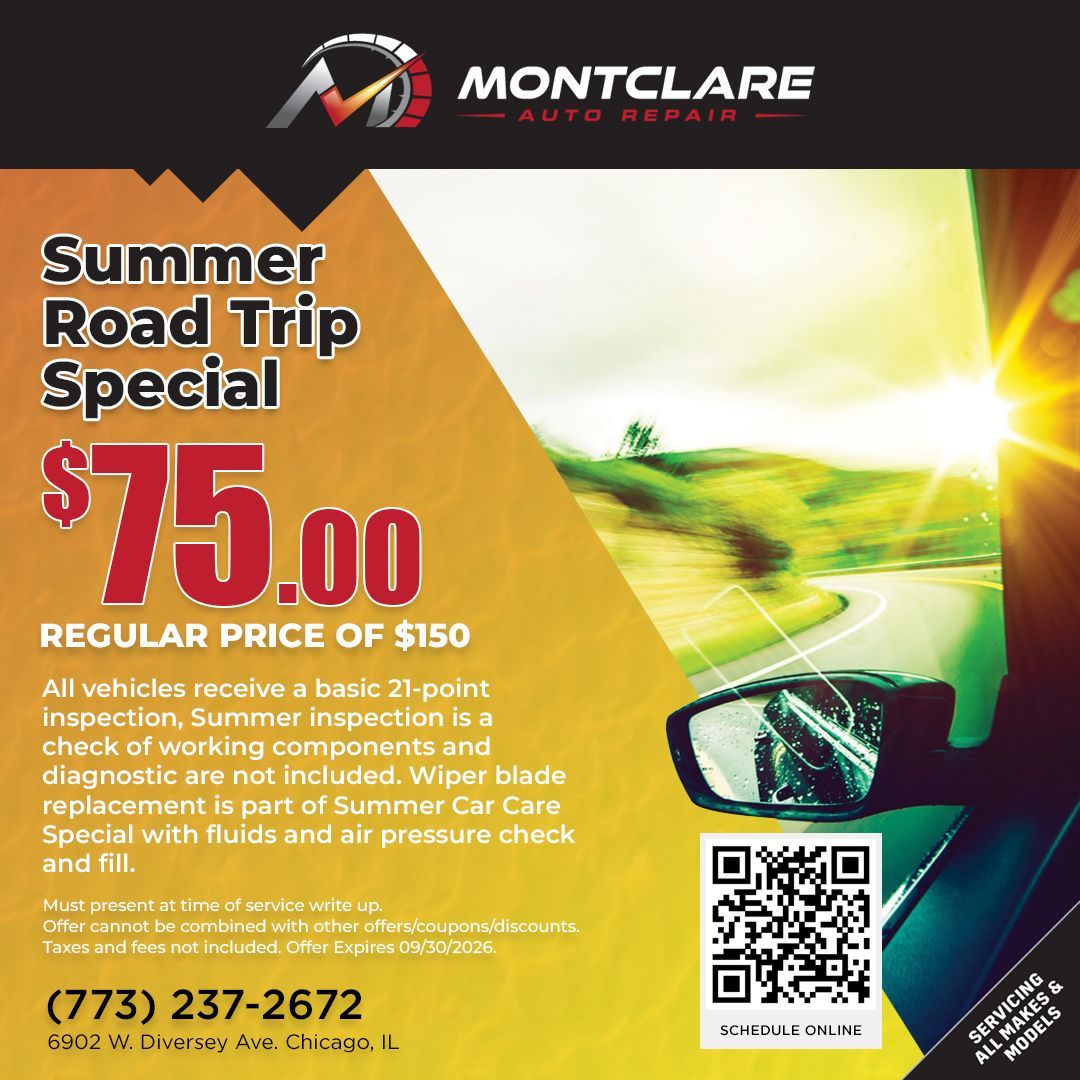 Montclare Auto Repair summer road trip special ad, $75 service offer with highway graphic and QR code