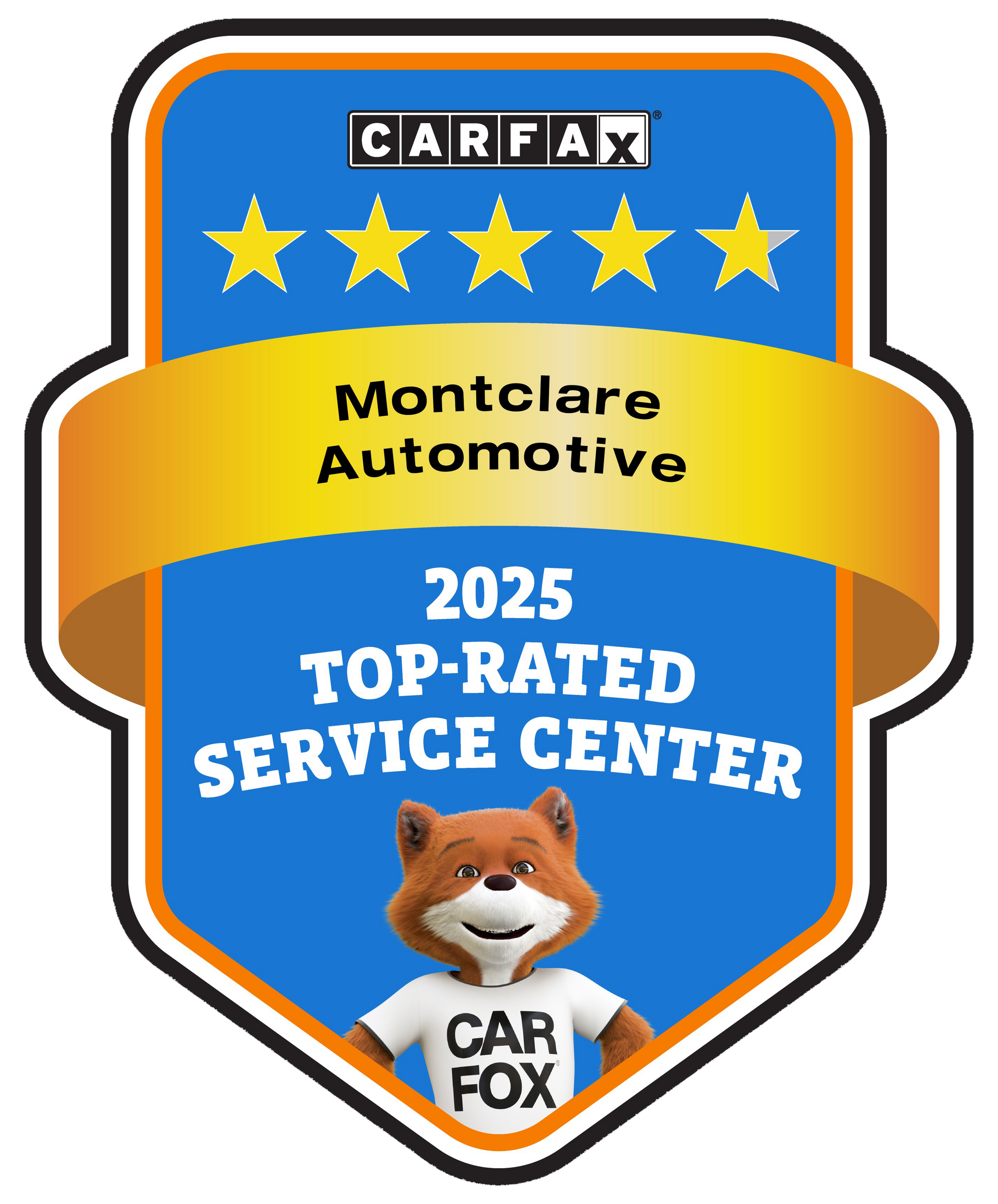 CARFAX Top-Rated Service Center award logo, blue and gold, with fox mascot and five stars.
