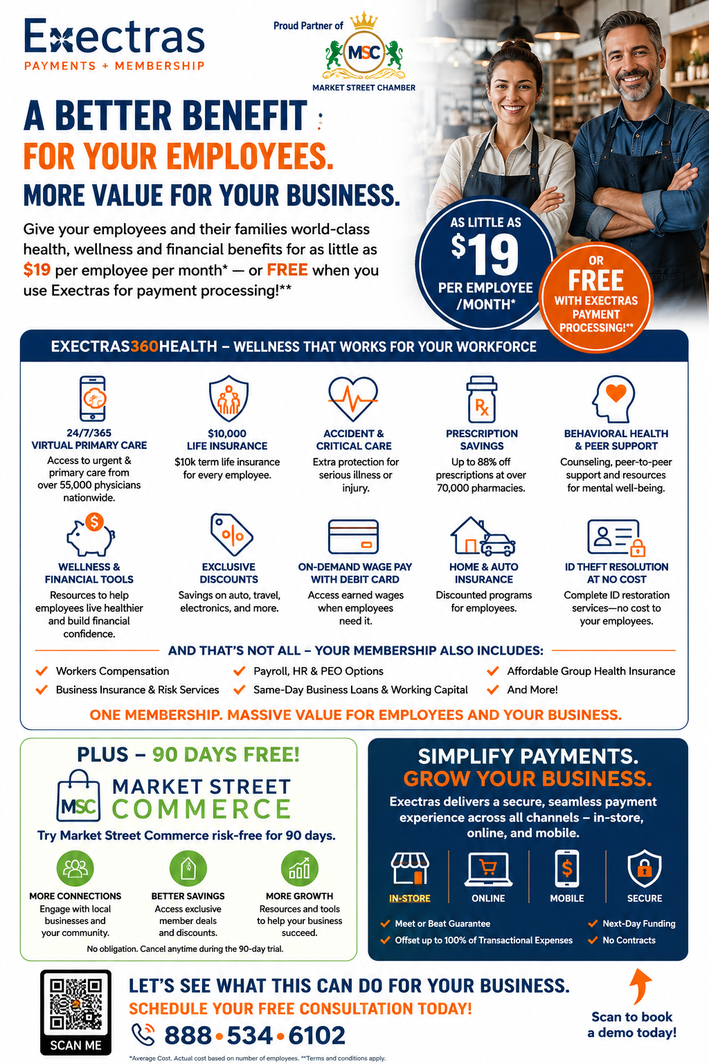 Promotional banner for Extras payments and membership, with a smiling woman using a laptop on a blue background