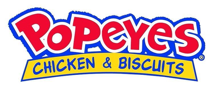 Popeyes logo in red and yellow with “Chicken & Biscuits” on a blue ribbon