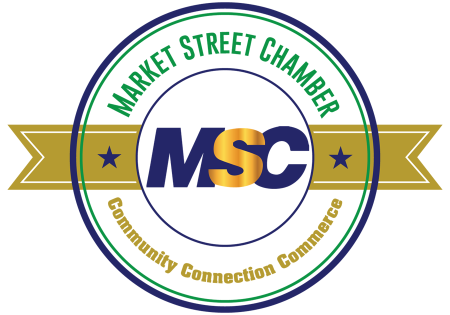 Market Street Chamber logo: blue and gold MSC letters within concentric circles, green text, and a gold banner.