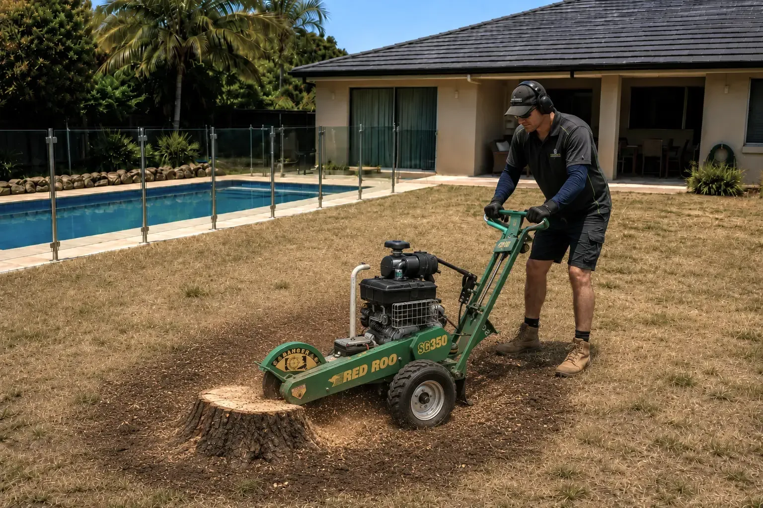 Before image of the stump grinding in progress in a Mackay backyard.