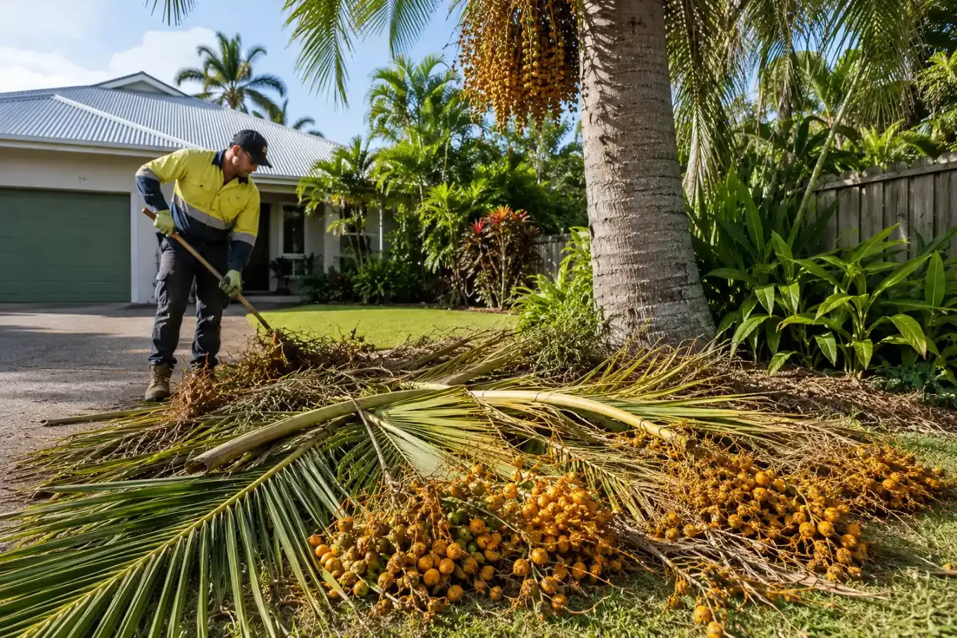 Big Palm tree cleaning in progress in Mackay. Removing palm seed pods and excess fronds.