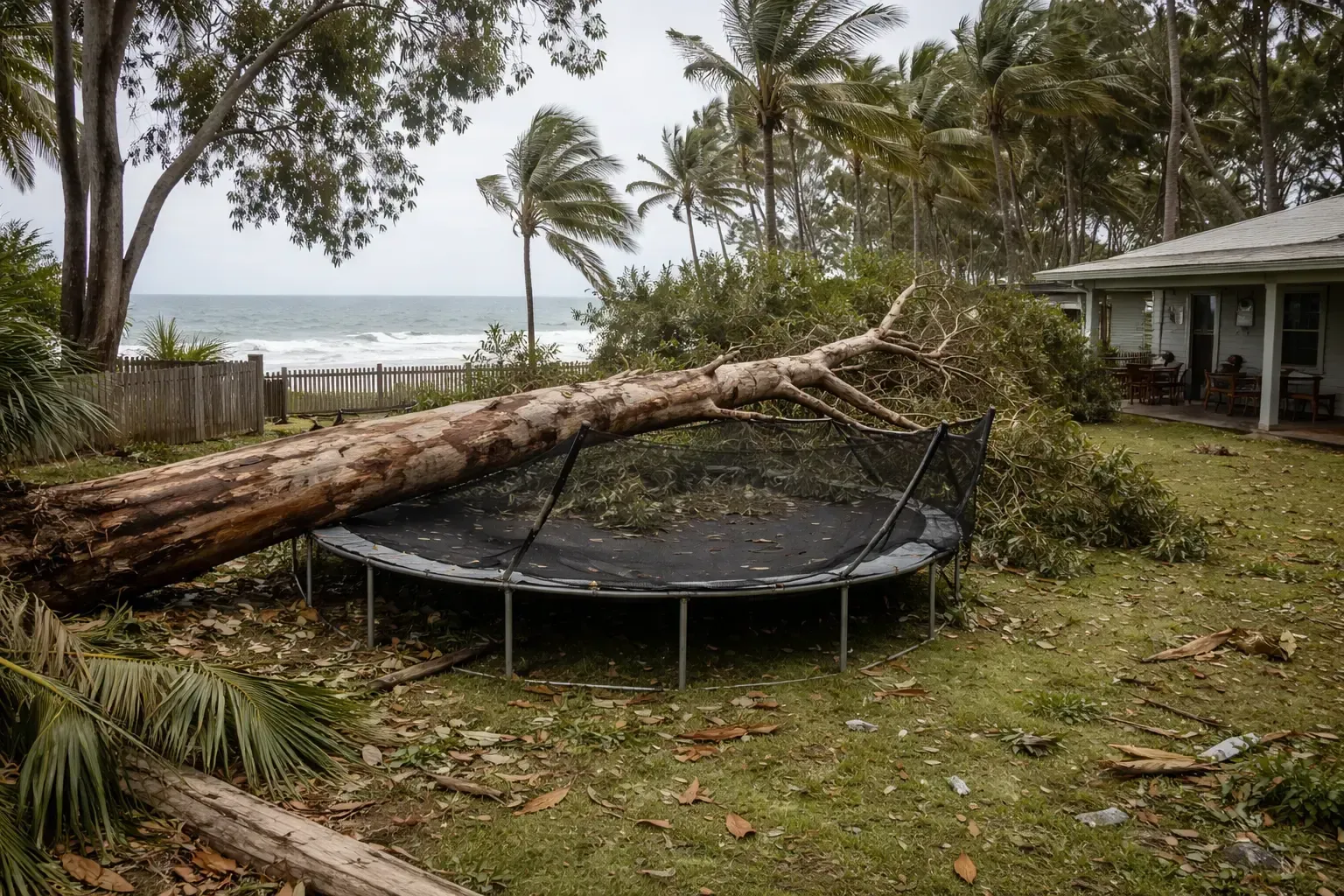 Storm cleanup required after a tree fell on this trampoline after a tropical storm in Mackay