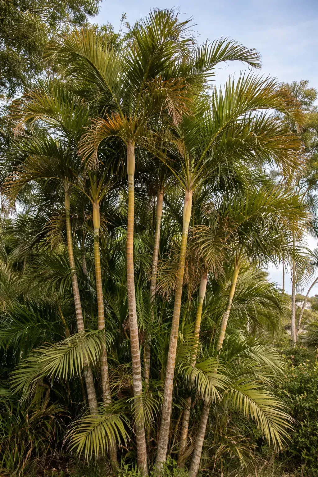 Group of slender Golden palm trees with feathery fronds, ready for some lopping in Mackay