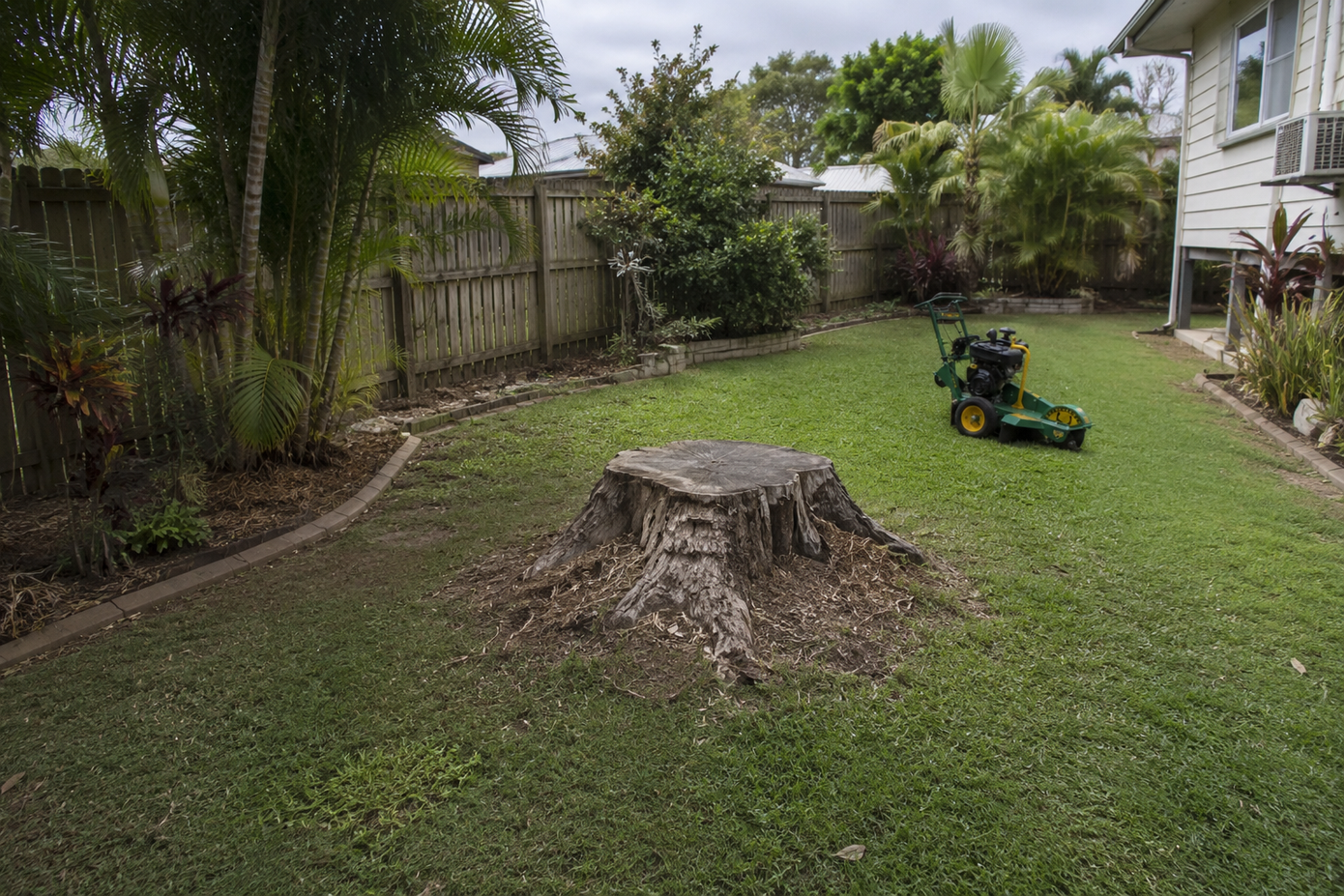 Large dangerous tree that was dropping branches on the shed, the fence and the neighbouring yard in Mackay.