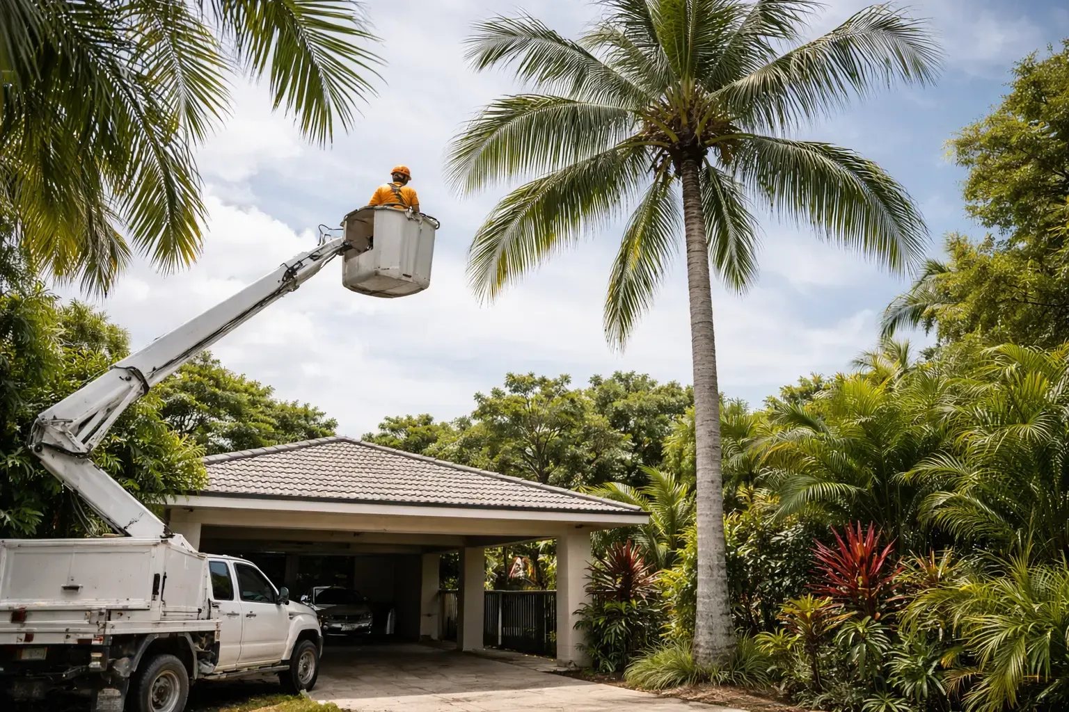 Assessing a large palm tree for removal in north Mackay.