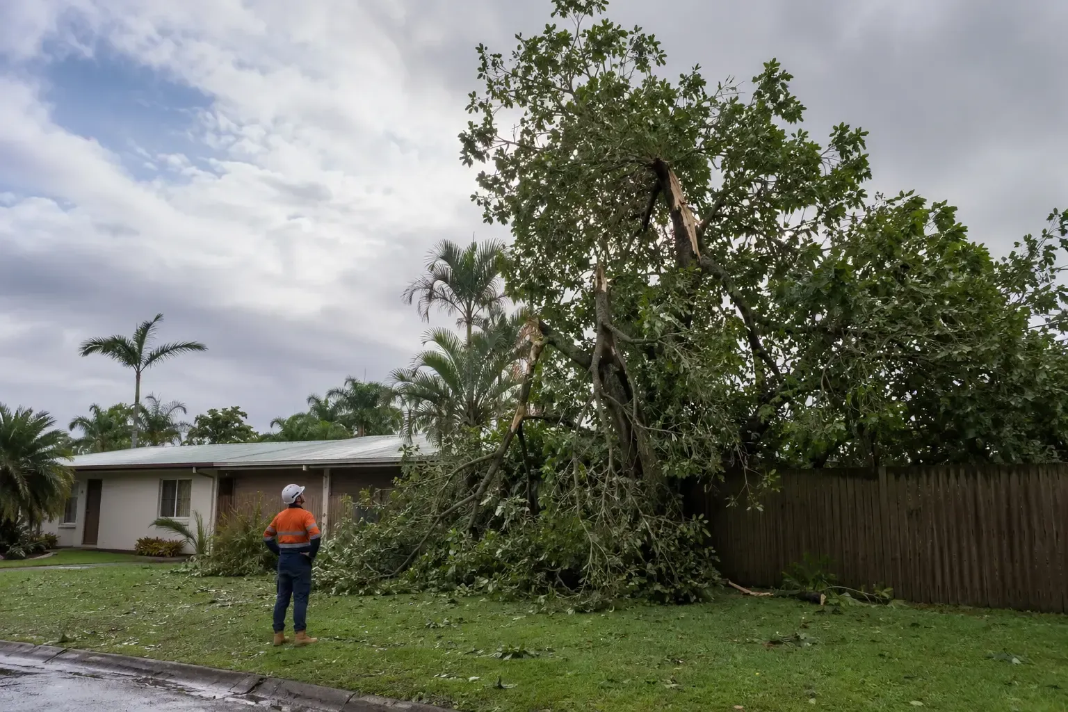 Assessing a badly damaged tree after a tropical storm in Mackay.