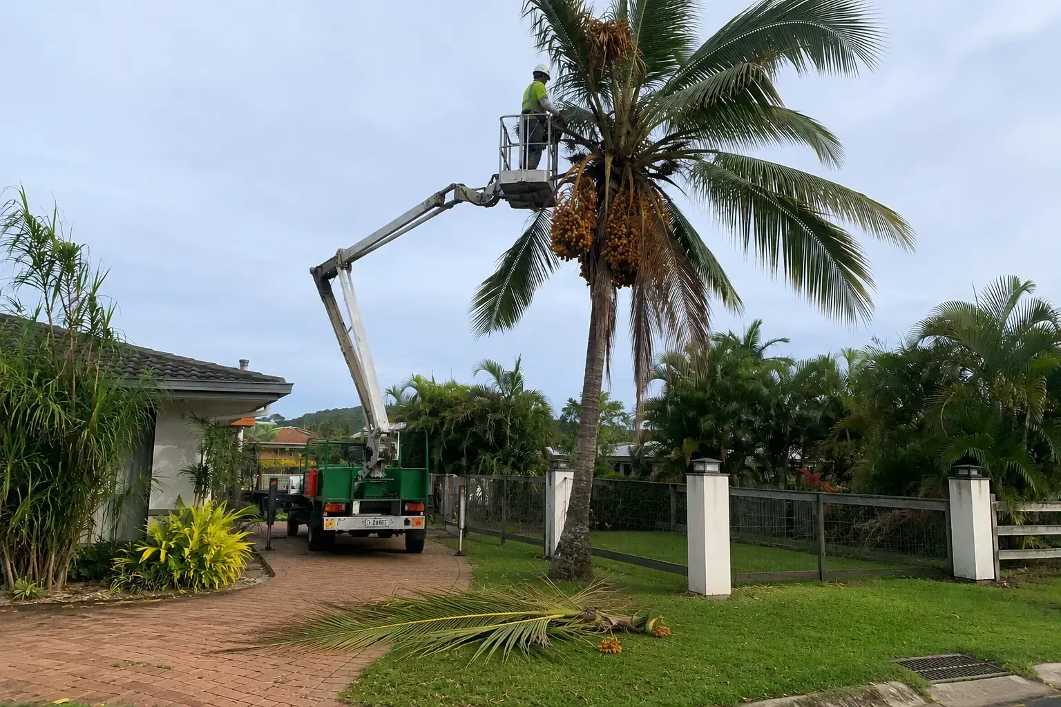 Large Cocos Palm requiring removal in Mackay. Fronds and seed-pods removed first.