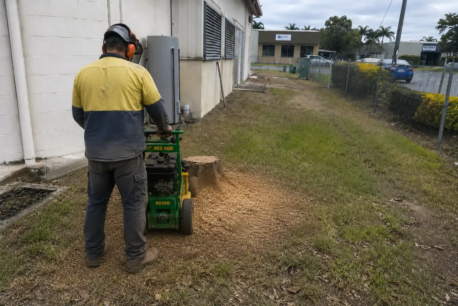 Grinding a stump beside an industrial building needing removal in Paget, Mackay.