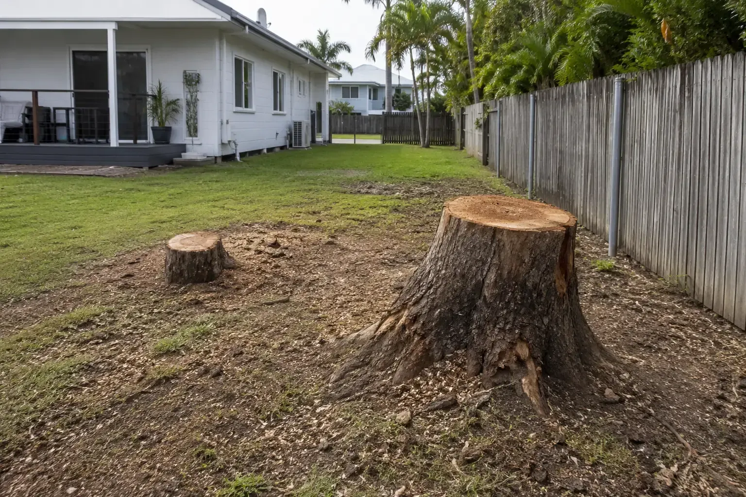 Preparing to grind these 2 stumps down below the surface level to reclaim more lawn space at this West Mackay home.