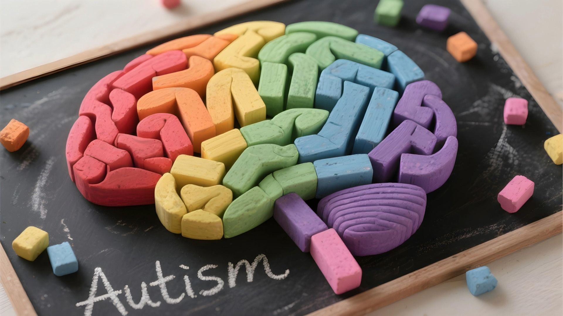 Colorful puzzle brain on a chalkboard with the word