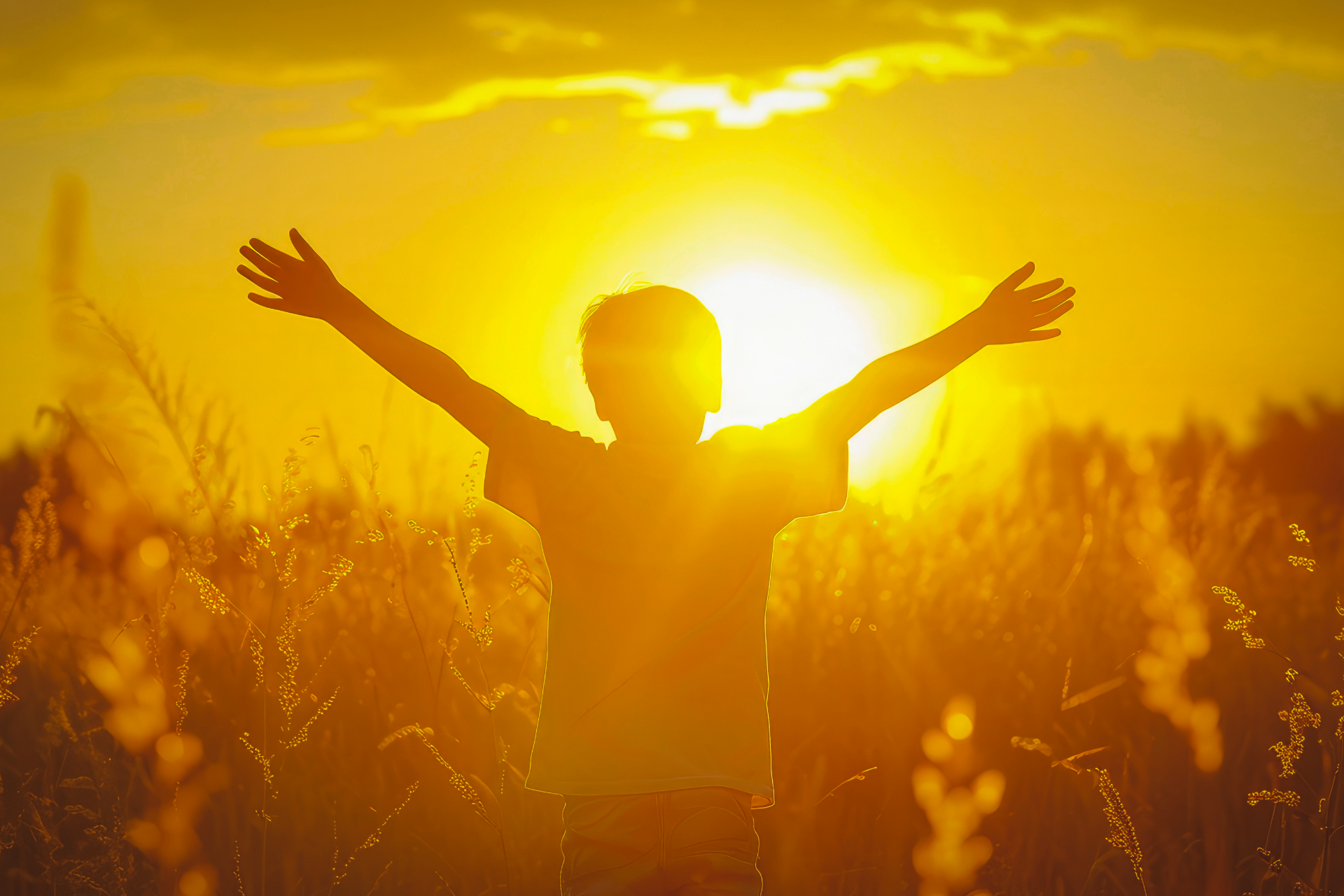 A child with arms raised in a golden field at sunset