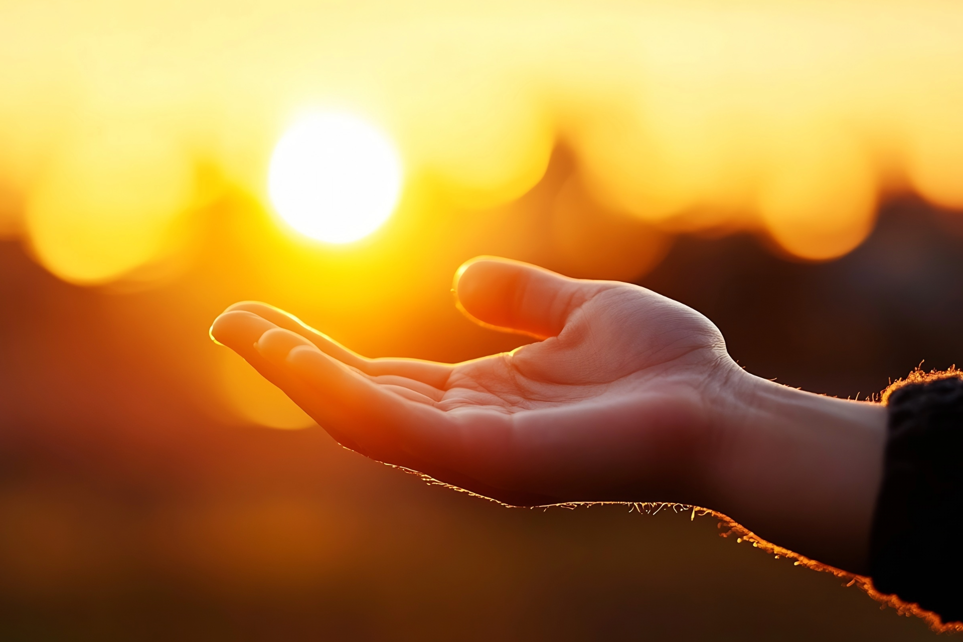 Outstretched hand catching warm sunlight at sunset in a golden, blurred outdoor scene