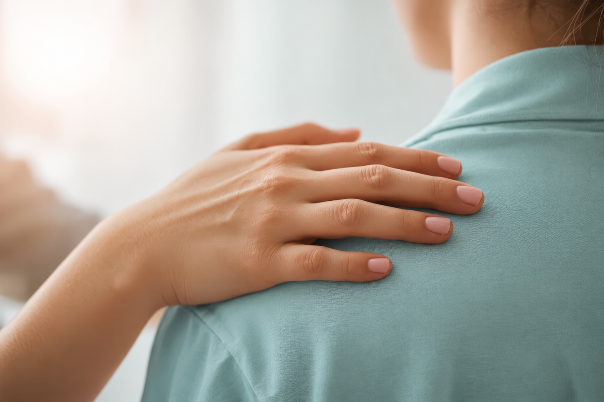 Hand resting gently on a person’s teal shirt shoulder indoors, near a bright window