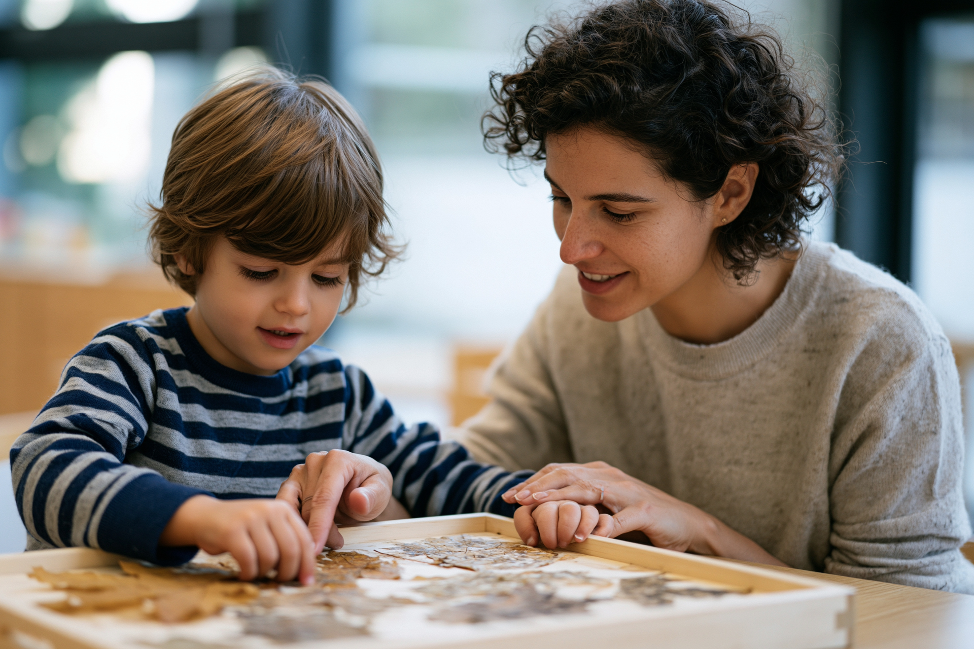 Adult and child leaning over a board game