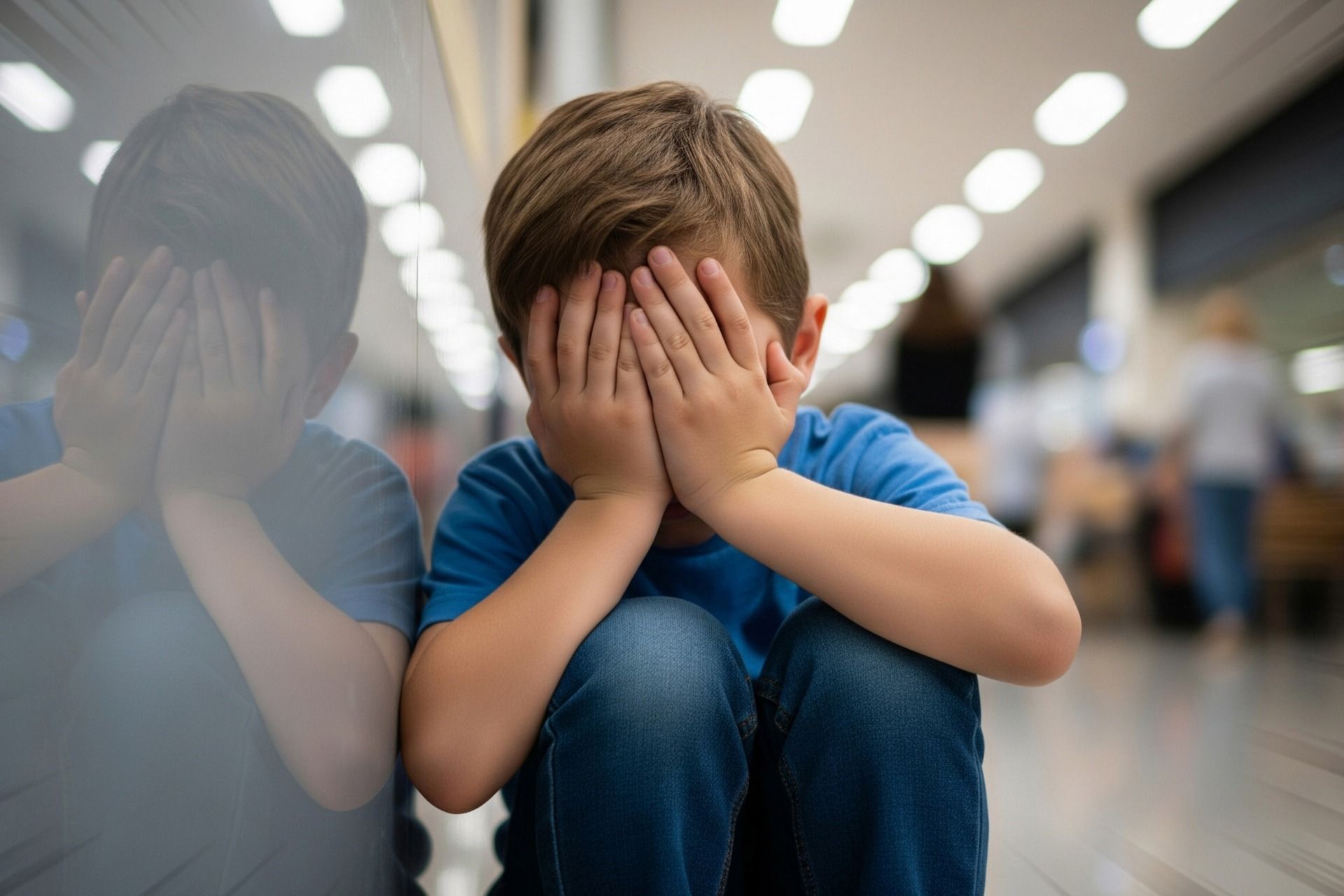 Boy crouches, face in hands, near a reflective surface in a hallway.