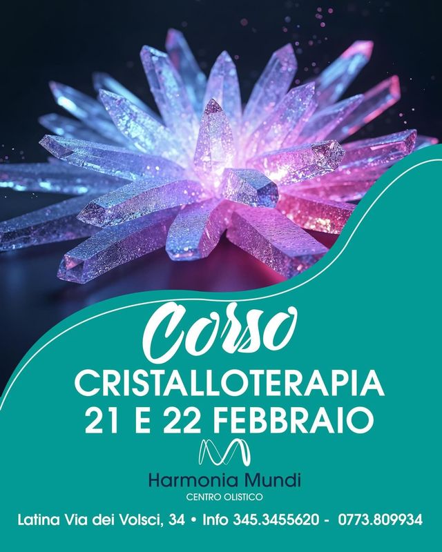 Cosso Cristalloterapia, 21-22 febbraio, locandina dell'evento Hornsium Mundi con fiore di cristallo su sfondo verde acqua