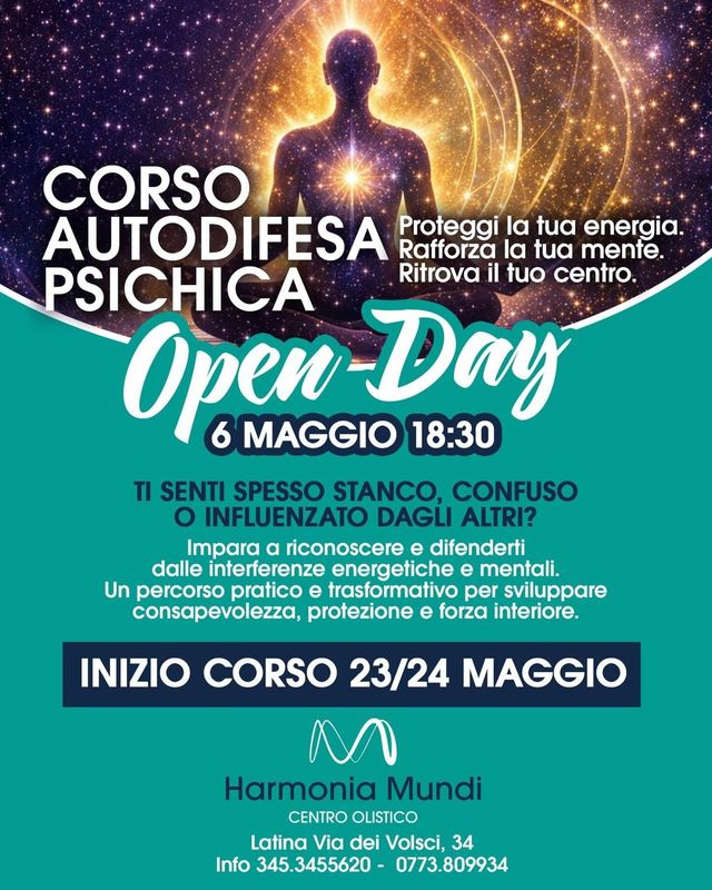 Locandina viola e turchese di corso autodifesa psichica con open day il 4 maggio e inizio corso il 23/24 maggio