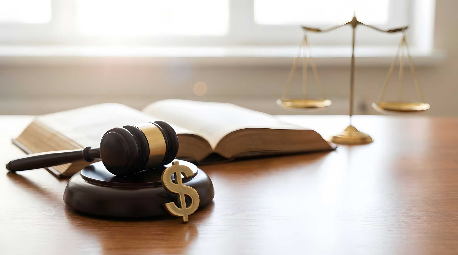 Judge gavel and dollar sign for professional bail bondsman service and legal financial help.